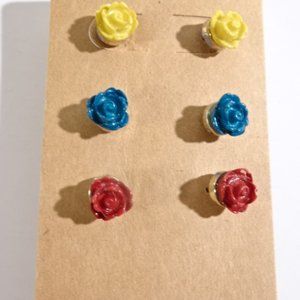 Lee Angel Trio Enamel Rose Stud Earrings NWT 89